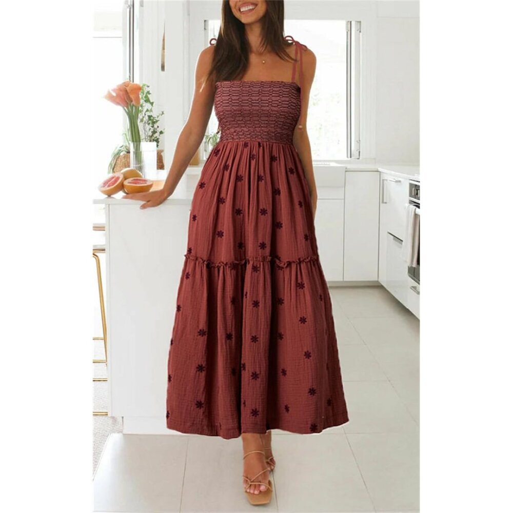 Women Floral Embroidered Maxi Dress Boho Sleeveless Tie Strap Summer Sundress - Picture 2 of 4